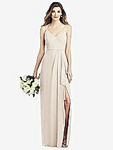 Front View Thumbnail - Oat Spaghetti Strap Draped Skirt Gown with Front Slit