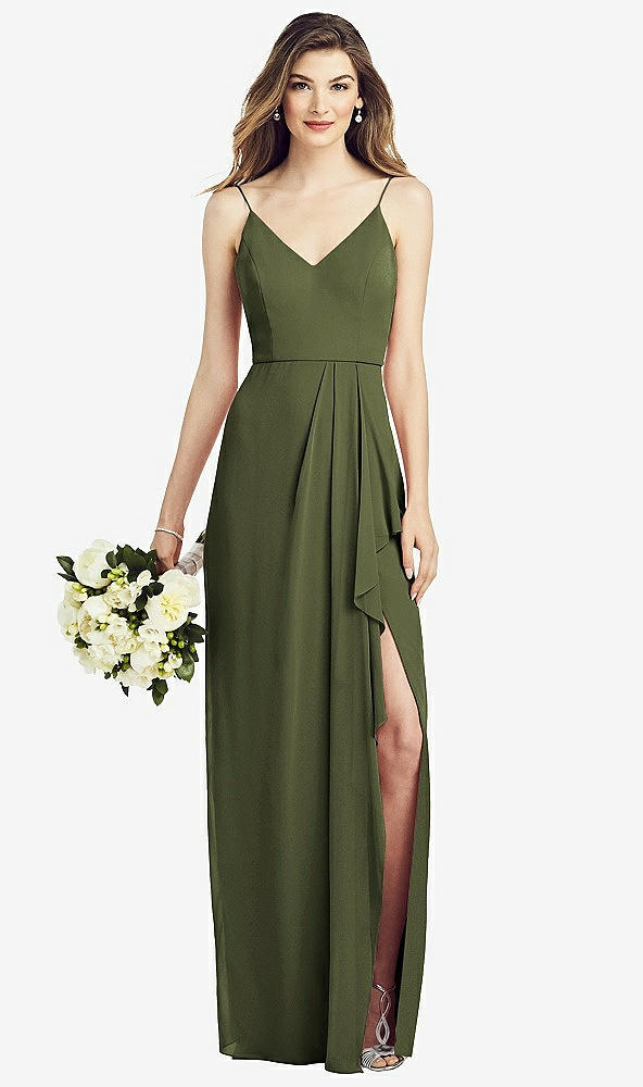 Front View - Olive Green Spaghetti Strap Draped Skirt Gown with Front Slit