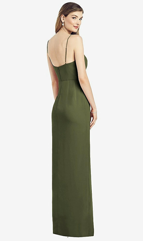 Back View - Olive Green Spaghetti Strap Draped Skirt Gown with Front Slit
