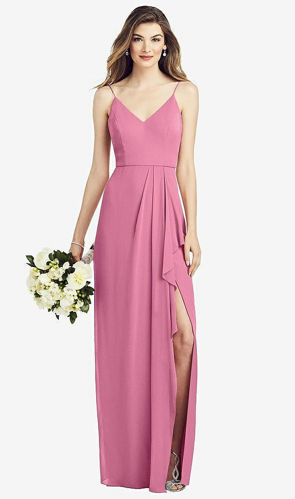 Front View - Orchid Pink Spaghetti Strap Draped Skirt Gown with Front Slit