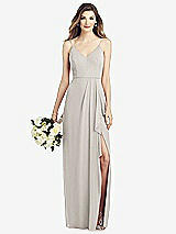 Front View Thumbnail - Oyster Spaghetti Strap Draped Skirt Gown with Front Slit