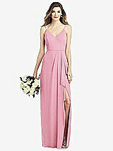 Front View Thumbnail - Peony Pink Spaghetti Strap Draped Skirt Gown with Front Slit