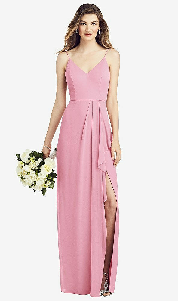 Front View - Peony Pink Spaghetti Strap Draped Skirt Gown with Front Slit