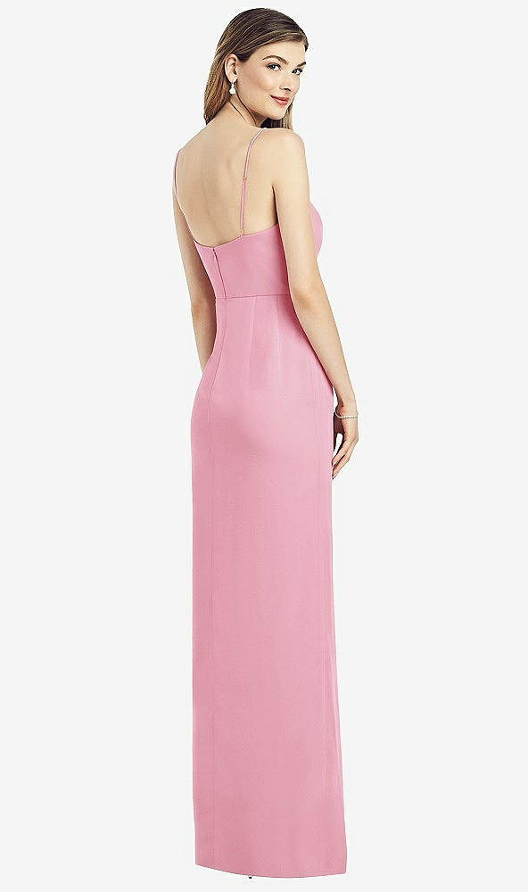 Back View - Peony Pink Spaghetti Strap Draped Skirt Gown with Front Slit