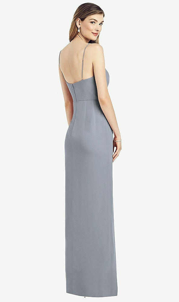 Back View - Platinum Spaghetti Strap Draped Skirt Gown with Front Slit