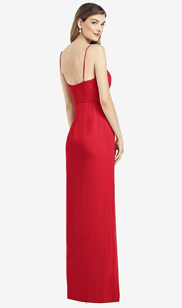 Back View - Parisian Red Spaghetti Strap Draped Skirt Gown with Front Slit