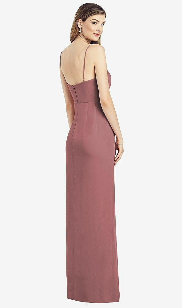 Back View - Rosewood Spaghetti Strap Draped Skirt Gown with Front Slit