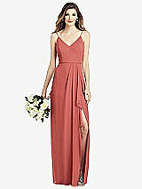 Front View Thumbnail - Coral Pink Spaghetti Strap Draped Skirt Gown with Front Slit