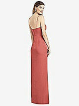 Rear View Thumbnail - Coral Pink Spaghetti Strap Draped Skirt Gown with Front Slit