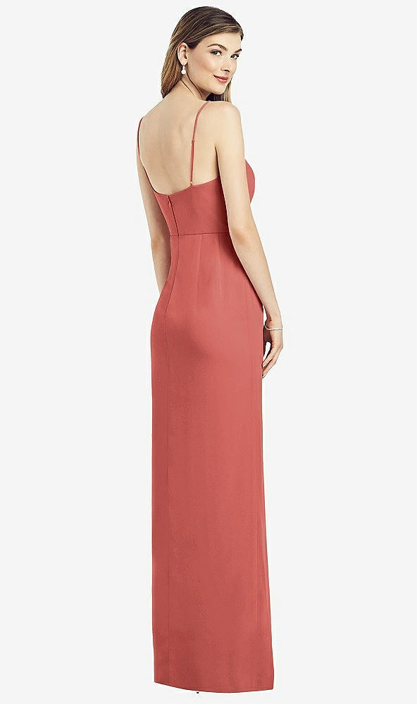 Back View - Coral Pink Spaghetti Strap Draped Skirt Gown with Front Slit