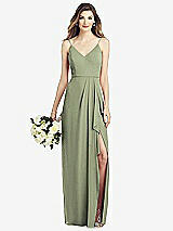 Front View Thumbnail - Sage Spaghetti Strap Draped Skirt Gown with Front Slit