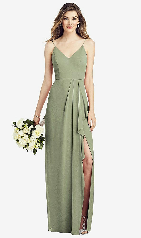Front View - Sage Spaghetti Strap Draped Skirt Gown with Front Slit