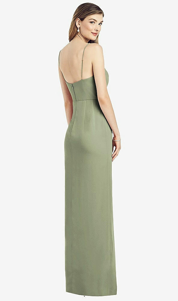 Back View - Sage Spaghetti Strap Draped Skirt Gown with Front Slit