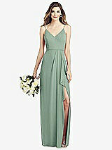 Front View Thumbnail - Seagrass Spaghetti Strap Draped Skirt Gown with Front Slit
