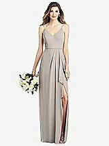 Front View Thumbnail - Taupe Spaghetti Strap Draped Skirt Gown with Front Slit