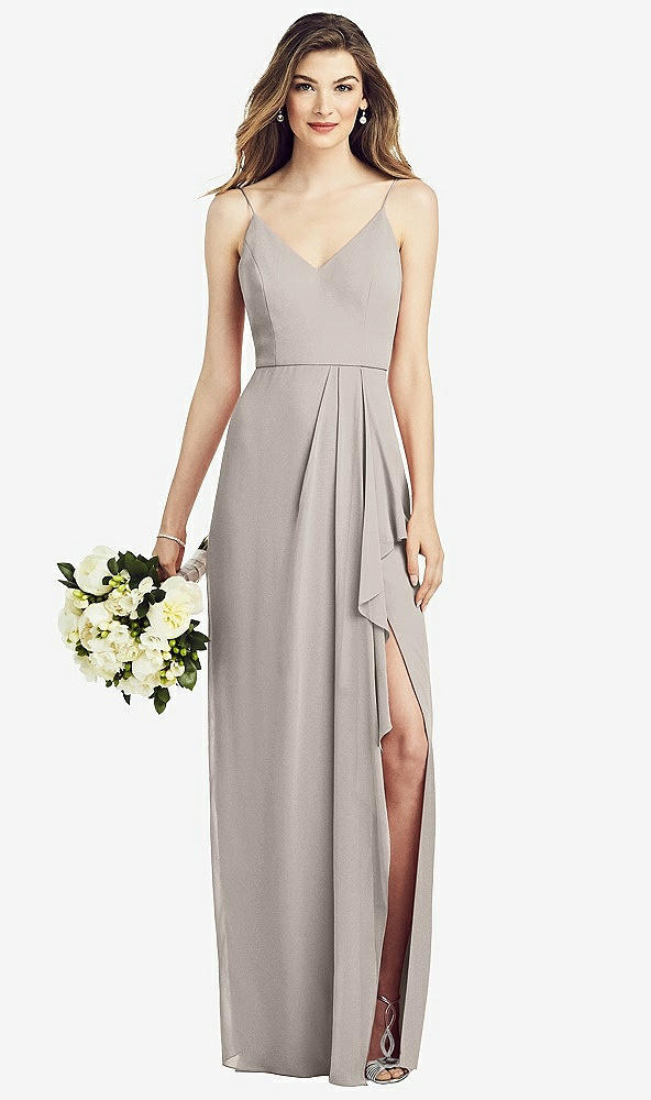 Front View - Taupe Spaghetti Strap Draped Skirt Gown with Front Slit