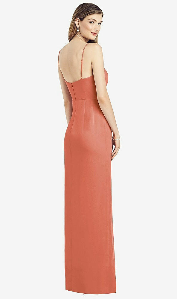 Back View - Terracotta Copper Spaghetti Strap Draped Skirt Gown with Front Slit