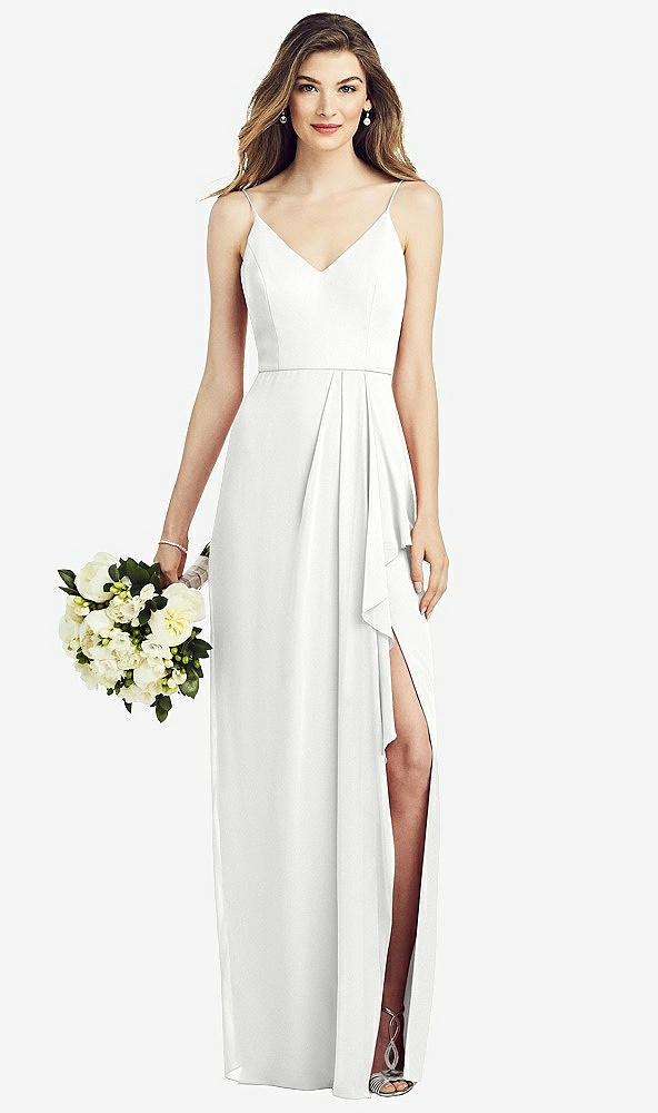 Front View - White Spaghetti Strap Draped Skirt Gown with Front Slit