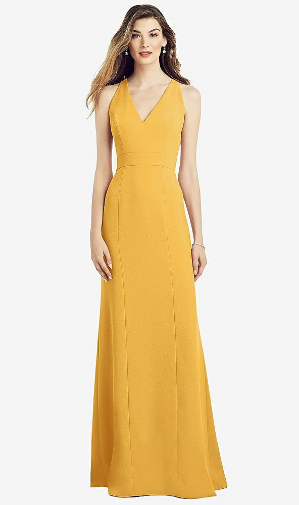 Front View - NYC Yellow V-Neck Keyhole Back Crepe Trumpet Gown