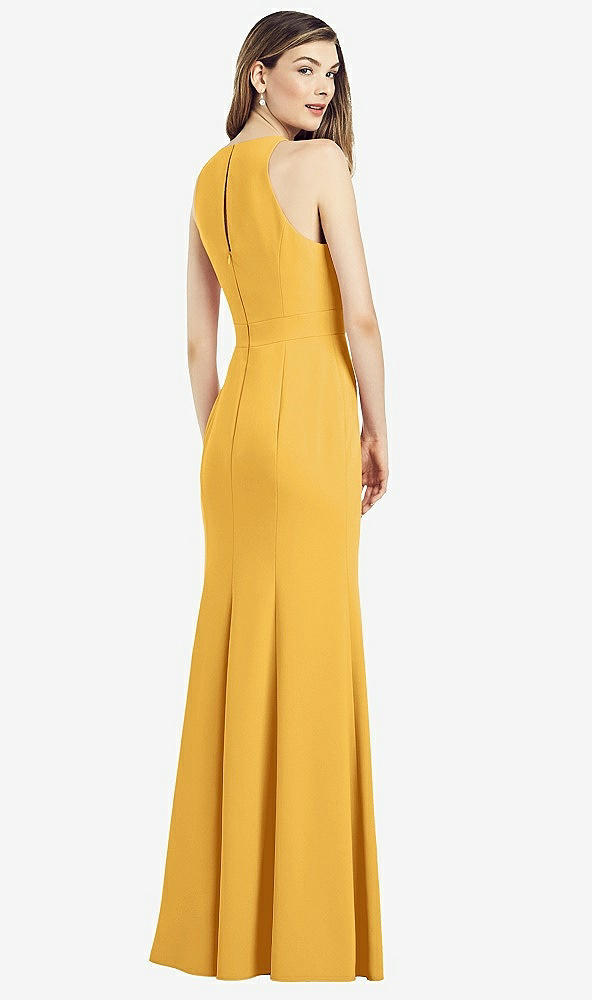 Back View - NYC Yellow V-Neck Keyhole Back Crepe Trumpet Gown
