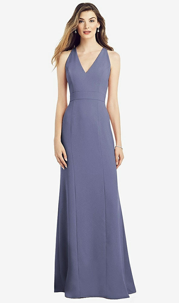 Front View - French Blue V-Neck Keyhole Back Crepe Trumpet Gown