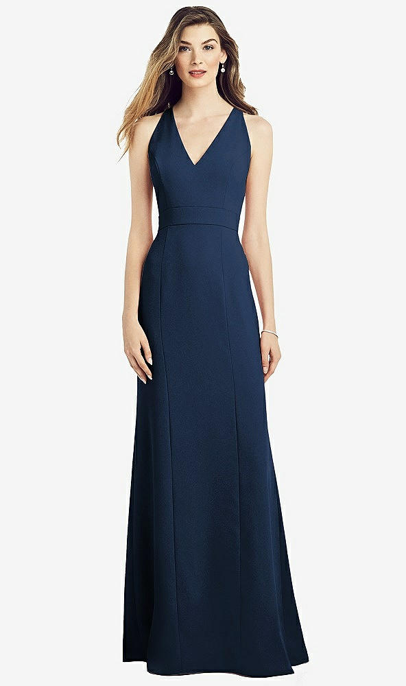 Front View - Midnight Navy V-Neck Keyhole Back Crepe Trumpet Gown