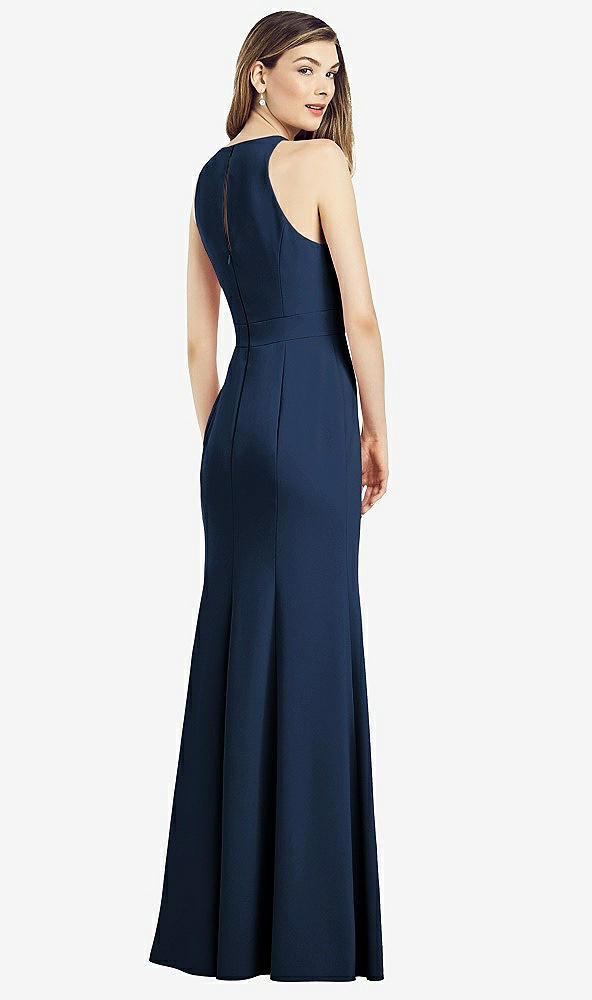 Back View - Midnight Navy V-Neck Keyhole Back Crepe Trumpet Gown