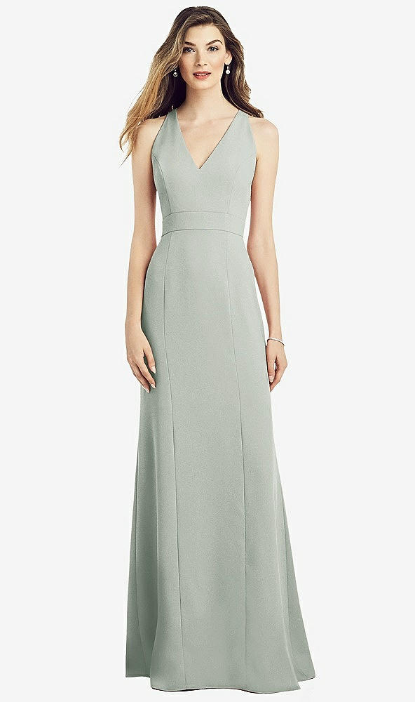 Front View - Willow Green V-Neck Keyhole Back Crepe Trumpet Gown