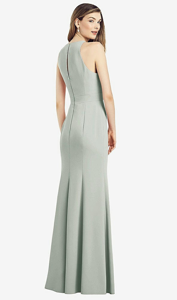 Back View - Willow Green V-Neck Keyhole Back Crepe Trumpet Gown
