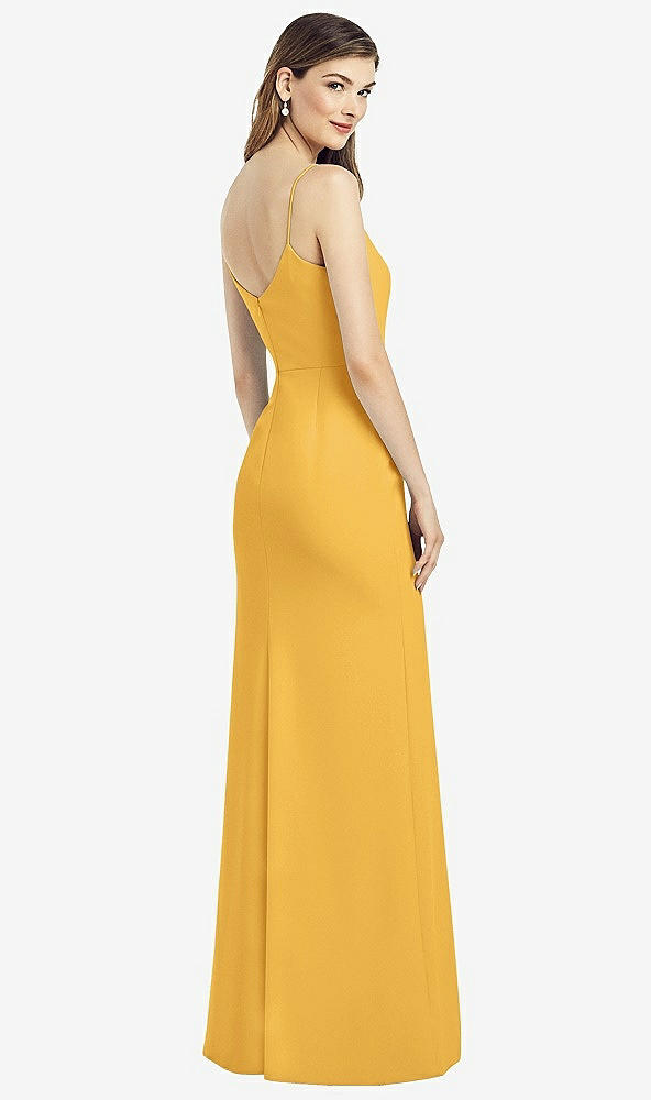 Back View - NYC Yellow Spaghetti Strap V-Back Crepe Gown with Front Slit