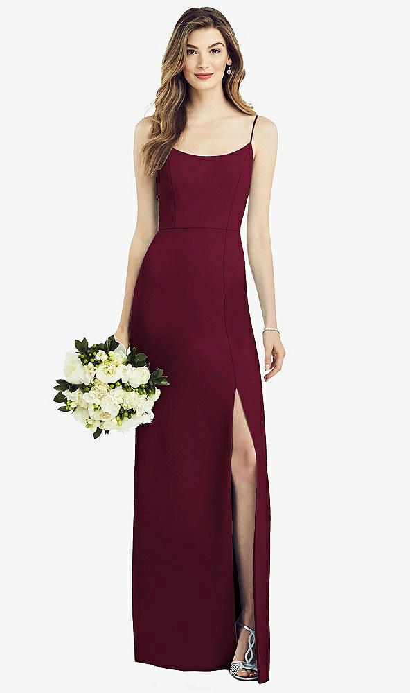 Front View - Cabernet Spaghetti Strap V-Back Crepe Gown with Front Slit