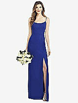 Front View Thumbnail - Cobalt Blue Spaghetti Strap V-Back Crepe Gown with Front Slit