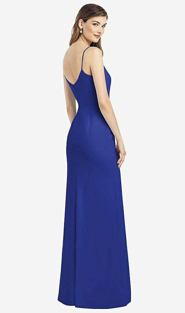 Back View - Cobalt Blue Spaghetti Strap V-Back Crepe Gown with Front Slit