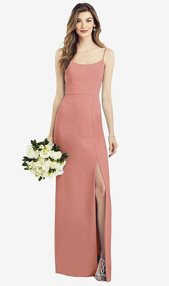 Front View - Desert Rose Spaghetti Strap V-Back Crepe Gown with Front Slit