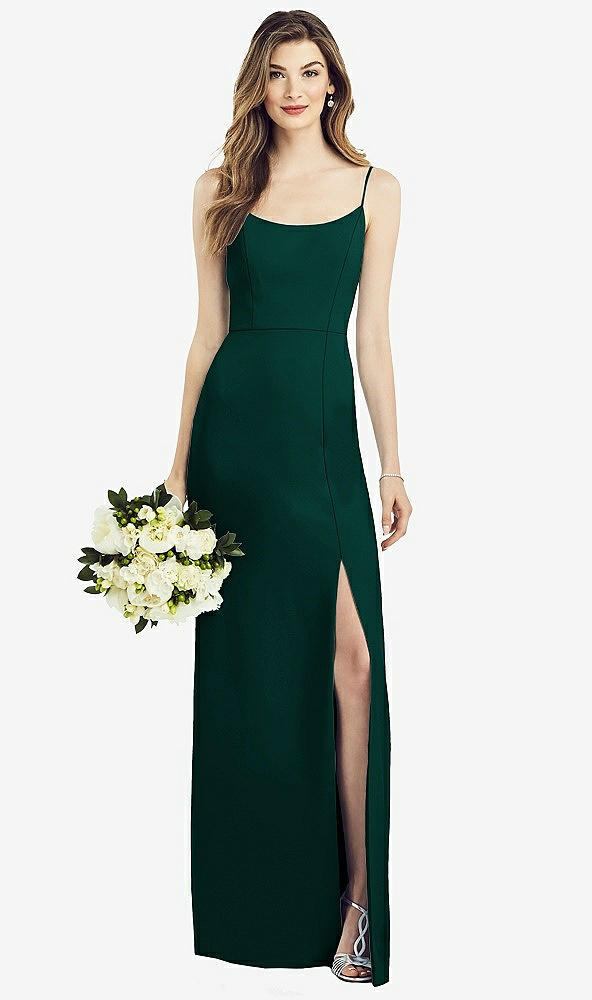 Front View - Evergreen Spaghetti Strap V-Back Crepe Gown with Front Slit