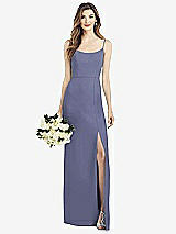 Front View Thumbnail - French Blue Spaghetti Strap V-Back Crepe Gown with Front Slit