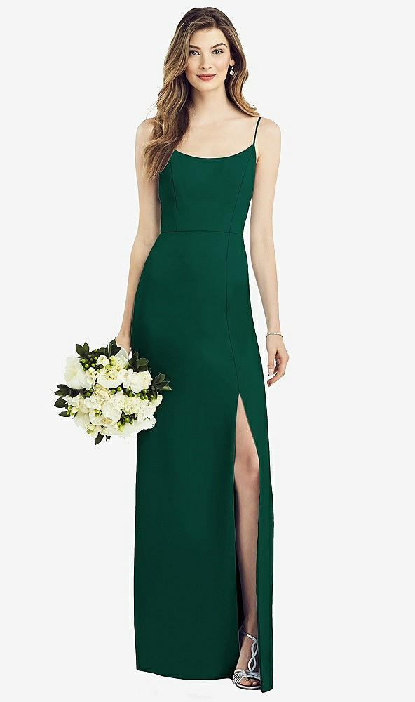 Front View - Hunter Green Spaghetti Strap V-Back Crepe Gown with Front Slit