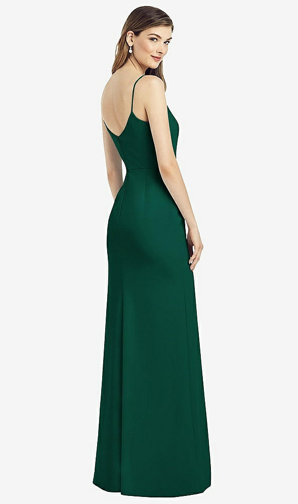 Back View - Hunter Green Spaghetti Strap V-Back Crepe Gown with Front Slit