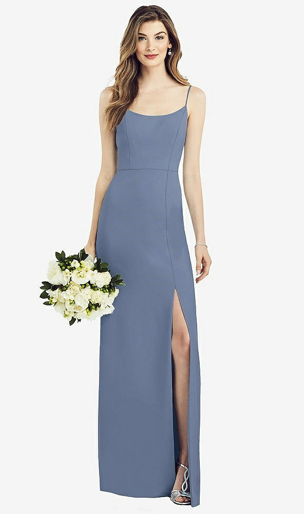 Front View - Larkspur Blue Spaghetti Strap V-Back Crepe Gown with Front Slit