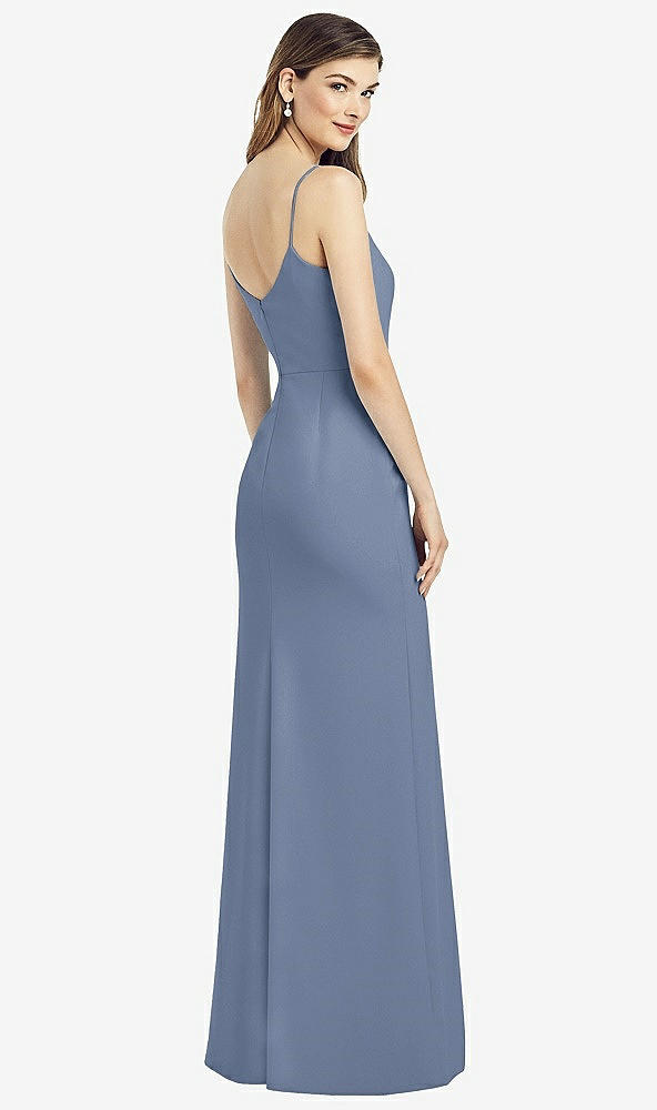 Back View - Larkspur Blue Spaghetti Strap V-Back Crepe Gown with Front Slit