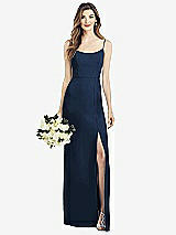 Front View Thumbnail - Midnight Navy Spaghetti Strap V-Back Crepe Gown with Front Slit