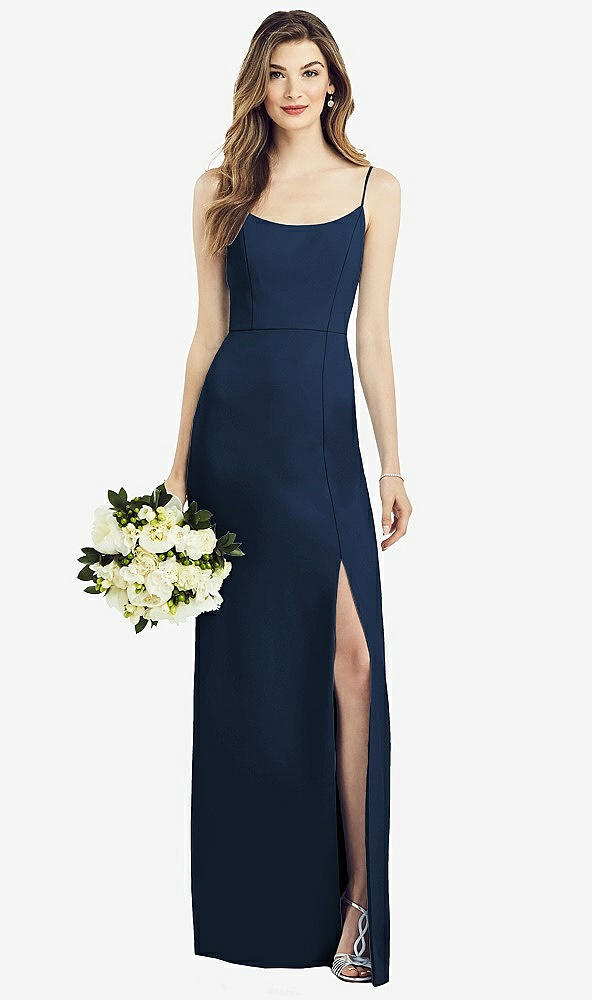 Front View - Midnight Navy Spaghetti Strap V-Back Crepe Gown with Front Slit