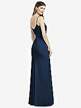 Rear View Thumbnail - Midnight Navy Spaghetti Strap V-Back Crepe Gown with Front Slit