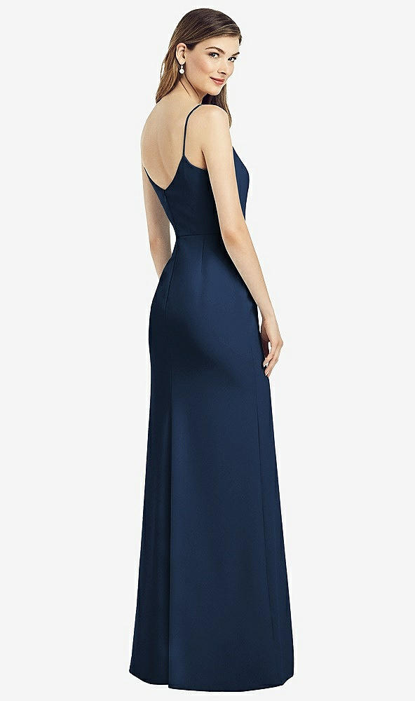 Back View - Midnight Navy Spaghetti Strap V-Back Crepe Gown with Front Slit