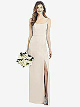 Front View Thumbnail - Oat Spaghetti Strap V-Back Crepe Gown with Front Slit
