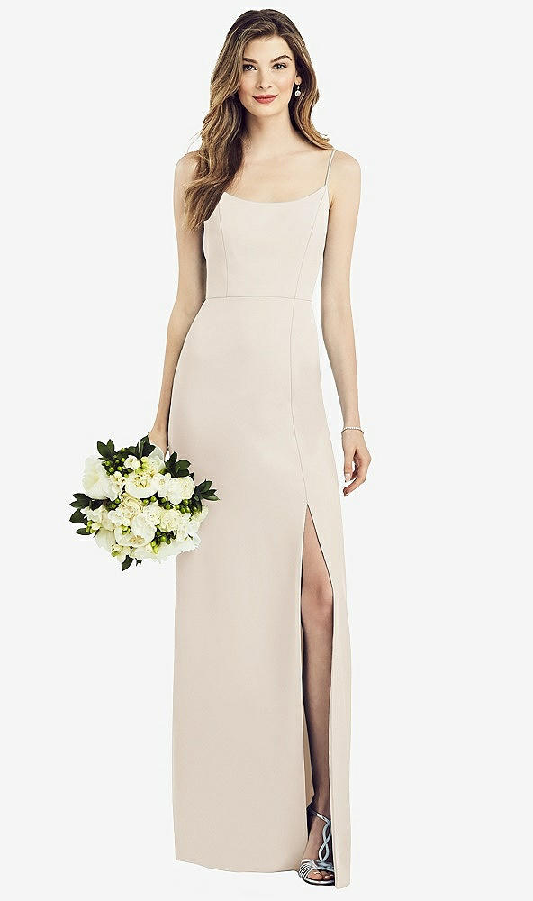 Front View - Oat Spaghetti Strap V-Back Crepe Gown with Front Slit