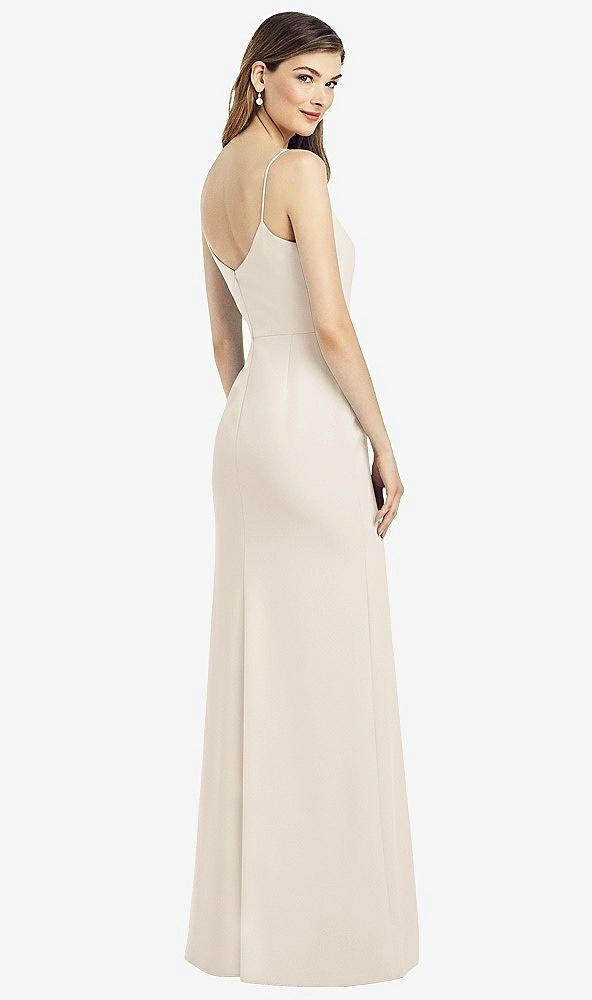 Back View - Oat Spaghetti Strap V-Back Crepe Gown with Front Slit