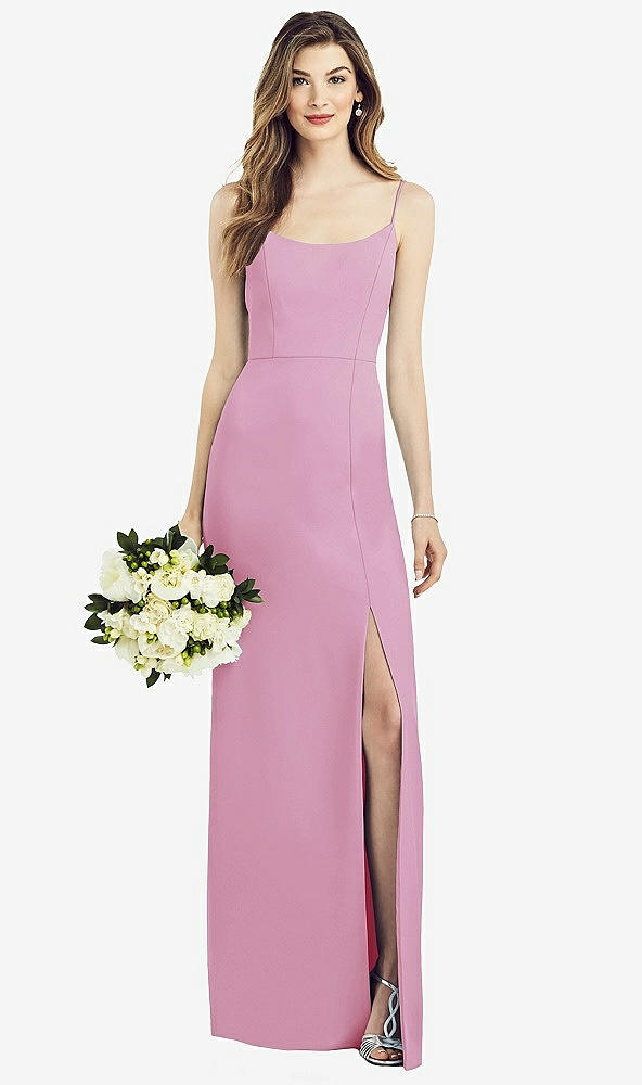 Front View - Powder Pink Spaghetti Strap V-Back Crepe Gown with Front Slit