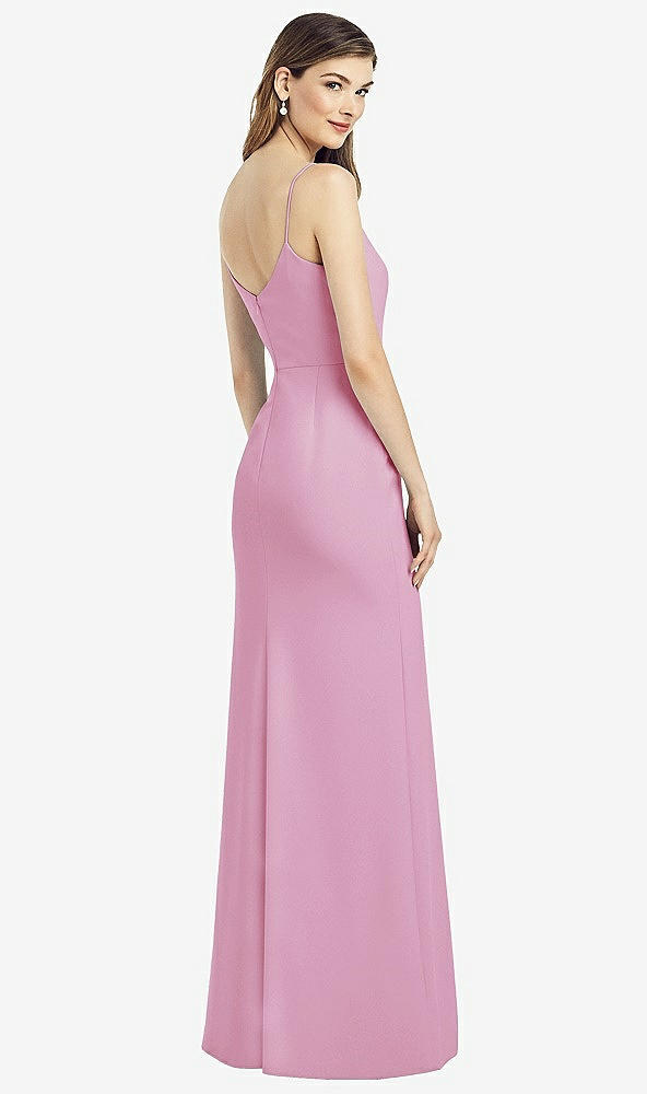 Back View - Powder Pink Spaghetti Strap V-Back Crepe Gown with Front Slit