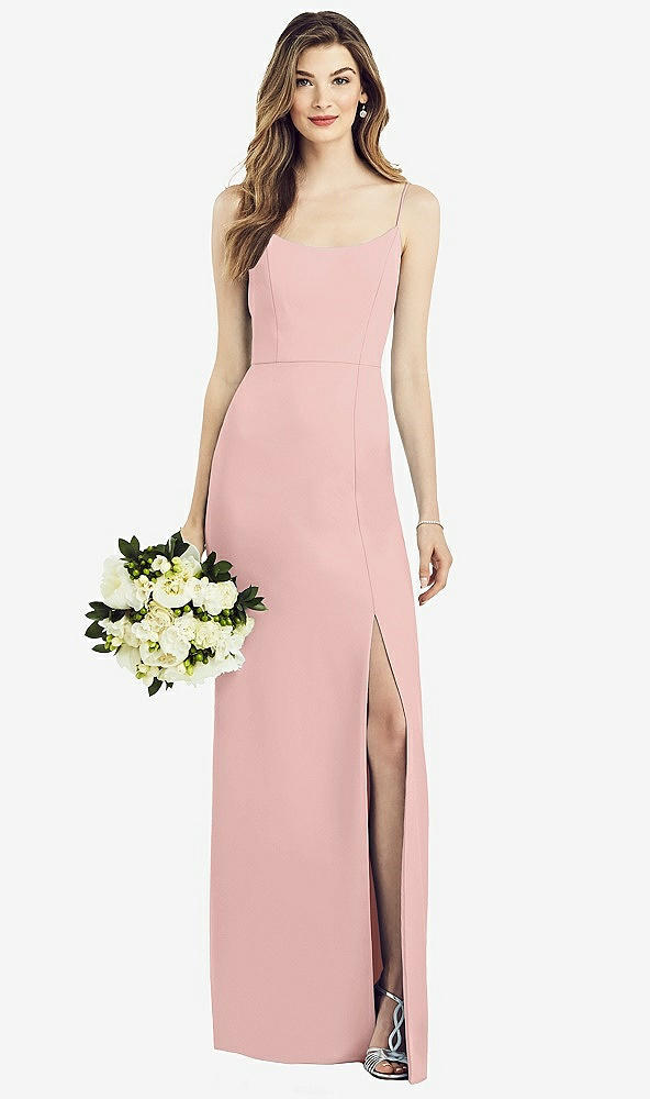 Front View - Rose - PANTONE Rose Quartz Spaghetti Strap V-Back Crepe Gown with Front Slit